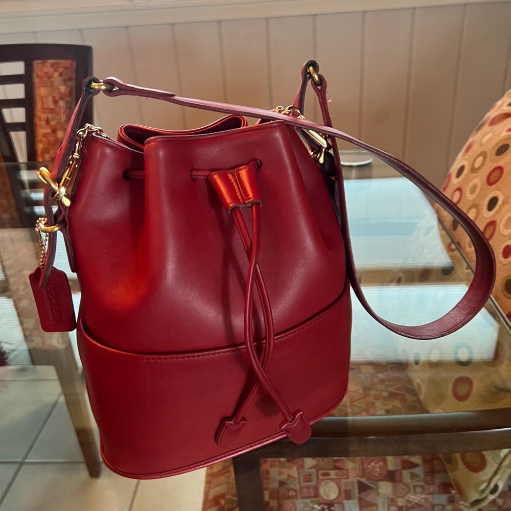Vintage 1997 Coach “Equestrian Drawstring” Shoulder Bag! Red/Brass! #9804!
